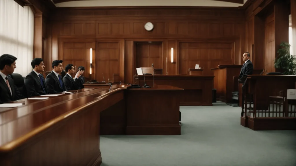 a solemn courtroom setting with a lawyer presenting a compelling case to attentive jurors.